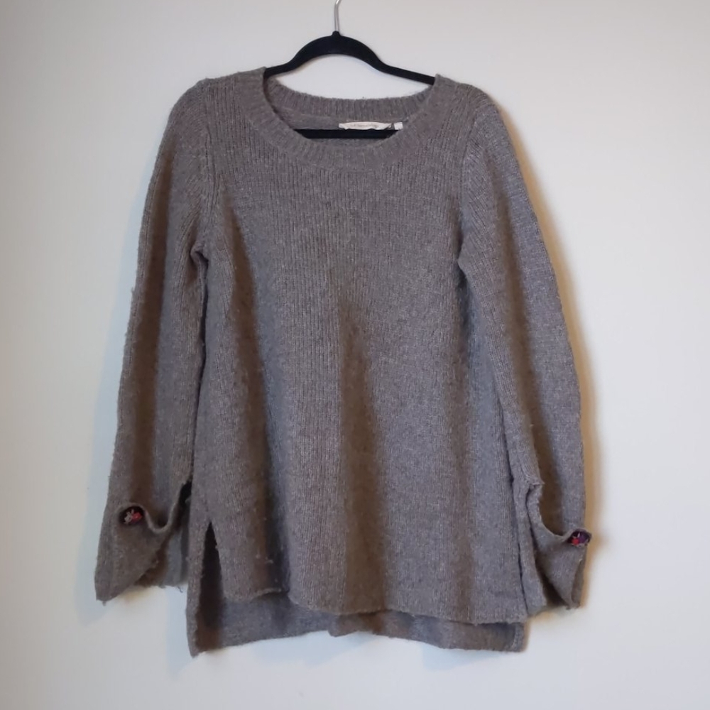 Soft surroundings grey brown sweater embroidered